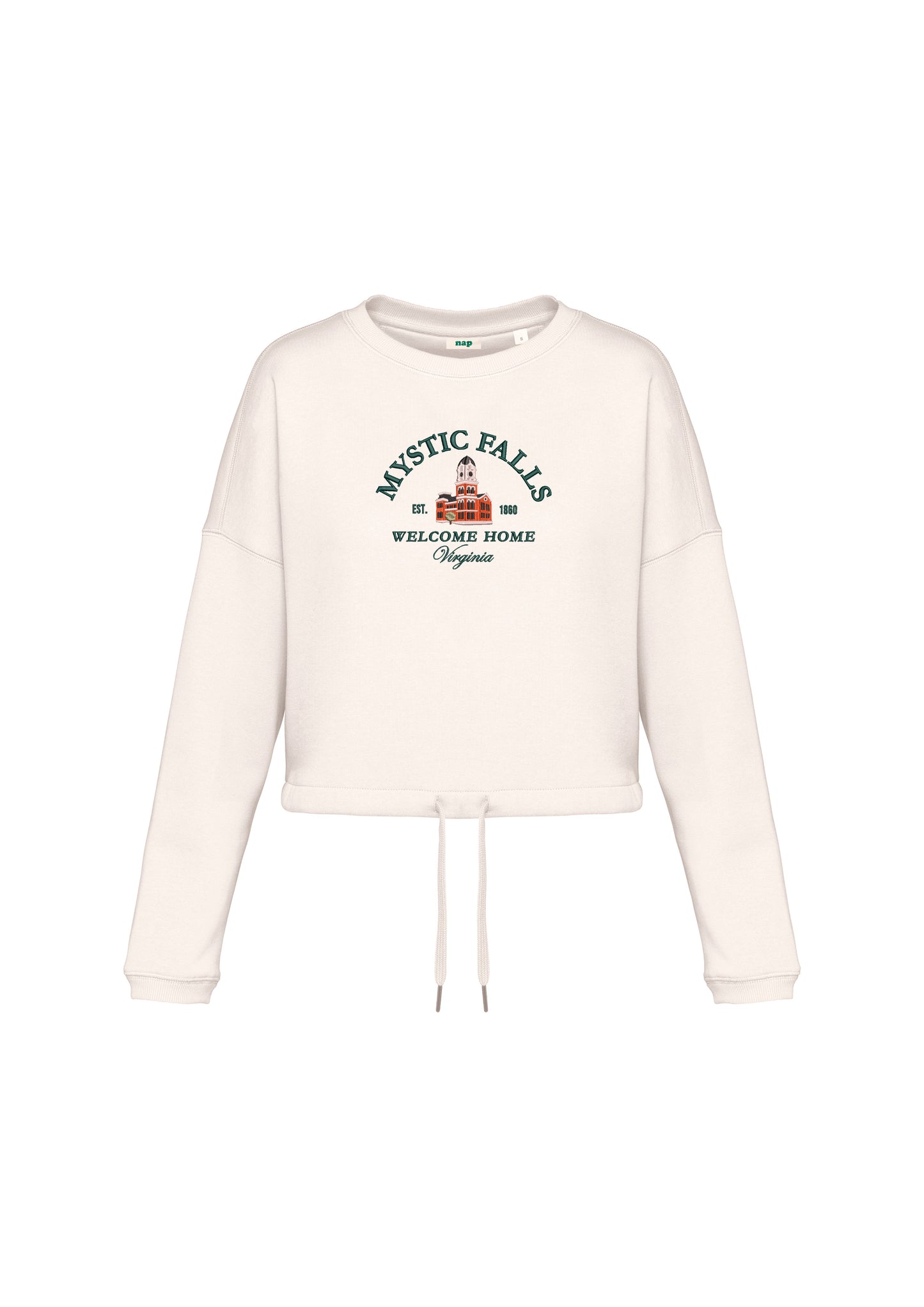 Sudadera cropped Mystic Falls Welcome Home bordada