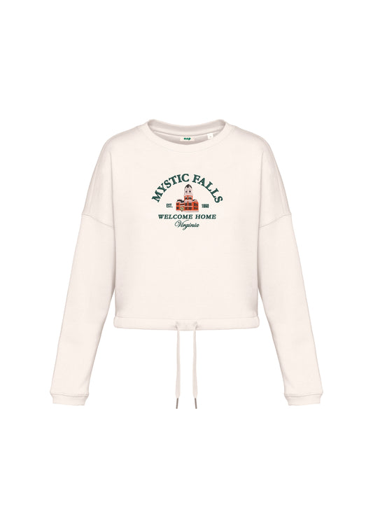 Sudadera cropped Mystic Falls Welcome Home bordada
